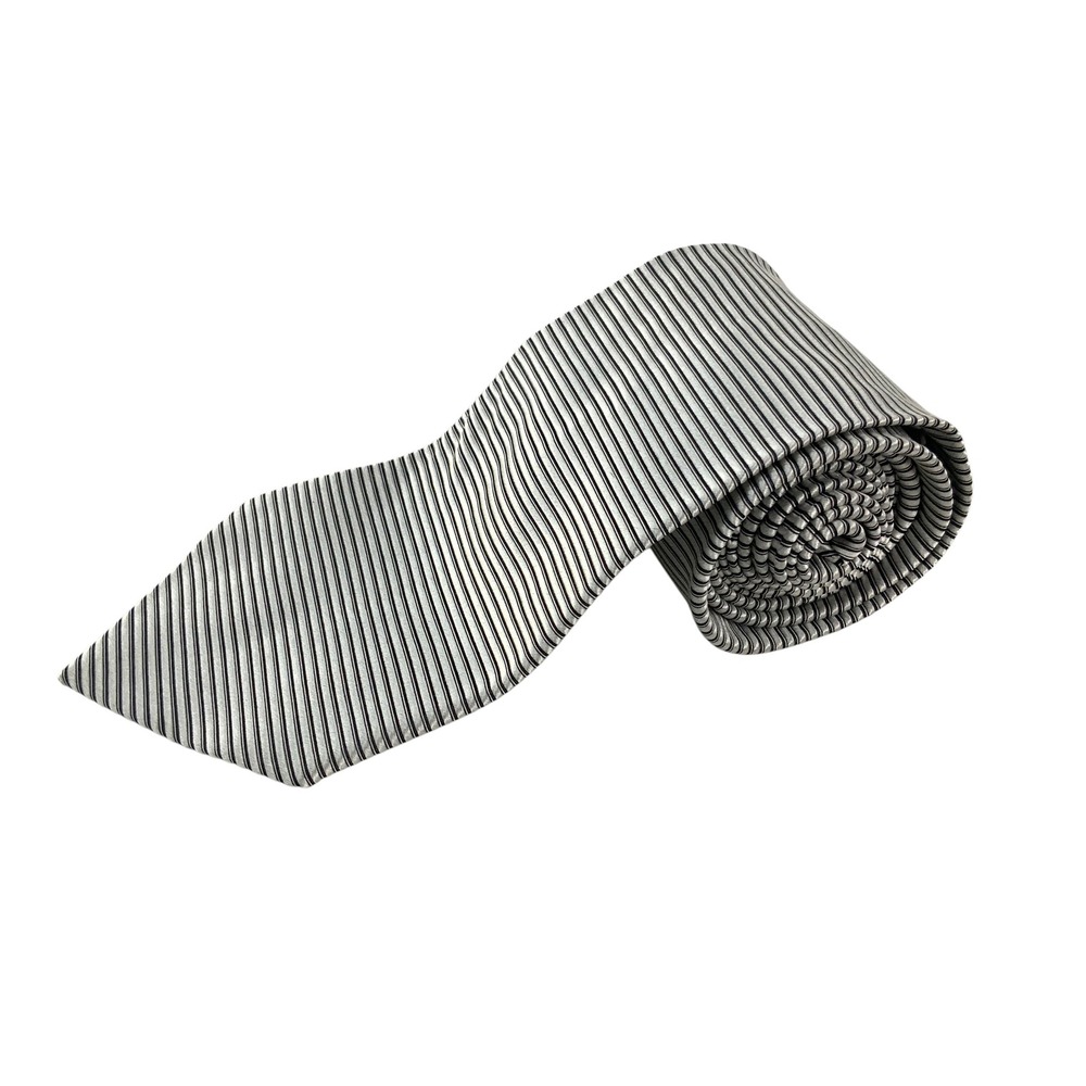 Fratelli Moda Silver Black Ribbed Striped Silk Necktie Made in Italy
